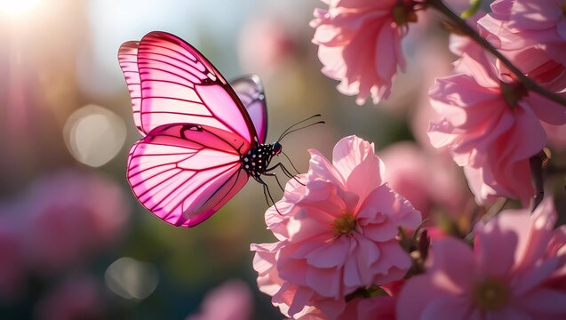  butterfly resting on delicate pink flowers 