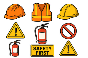 Safety equipment vector icon set. Cartoon collection of workplace safety items. Hard hat, helmet, safety vest, fire extinguisher, warning, and prohibition signs isolated.