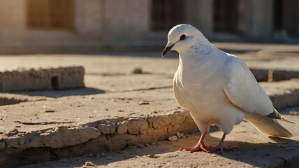 Close-up of single white dove on cracked concrete in soft sunlight symbolizing peace