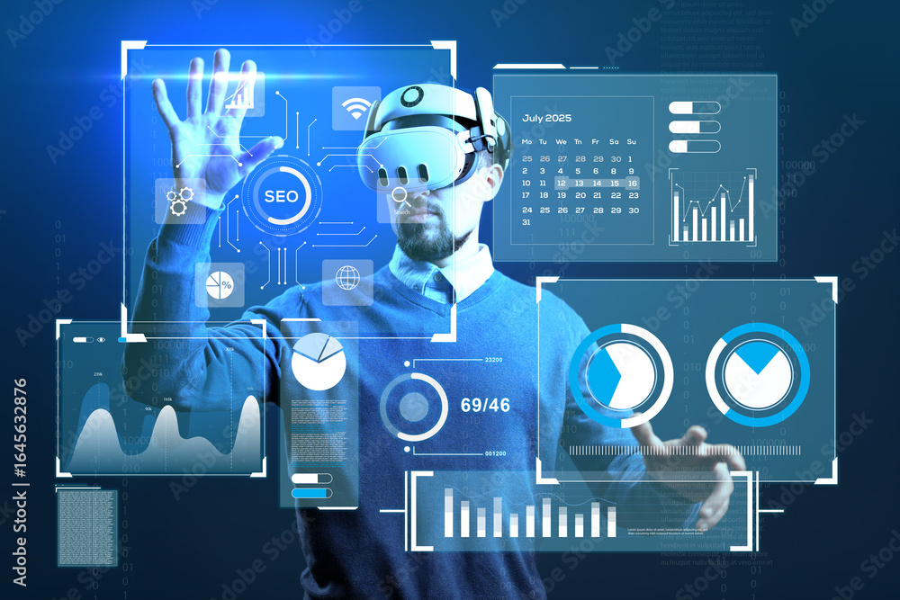 Poster virtual reality user interacts with data analytics in futuristic digital environment