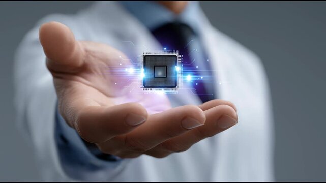 Microchip technology innovation science quantum computing futuristic digital hand hologram application concept professional quantum science