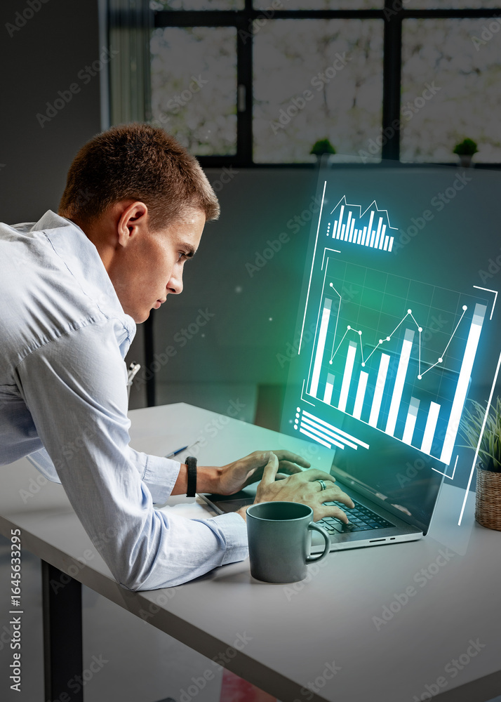 Poster business professional analyzing data on laptop in modern office setting with charts displayed