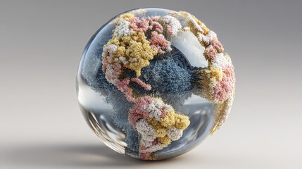 Biotech demand hotspot concept with ultra realistic globe model showing molecular structures in soft pastel colors inside transparent sphere, symbolizing innovation and science