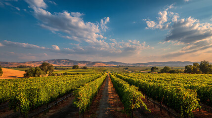 Endless rows of vineyards stretching towards the horizon under a brightly lit sky