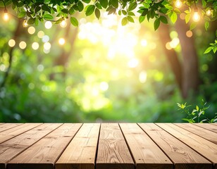 Wooden deck with green leaves and sunlight in forest garden background