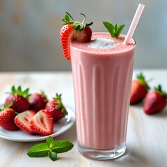 Strawberry Smoothie in Tall Glass flat lay 