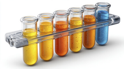 Colorful liquid filled test tube set with condensation droplets in transparent rack, showcasing vibrant yellow, orange, and blue hues in scientific lab environment
