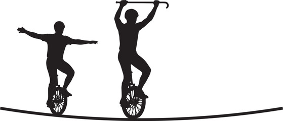 Silhouette of two men riding unicycles on a tightrope isolated on white background, circus performance © Shalahin_Rabbi