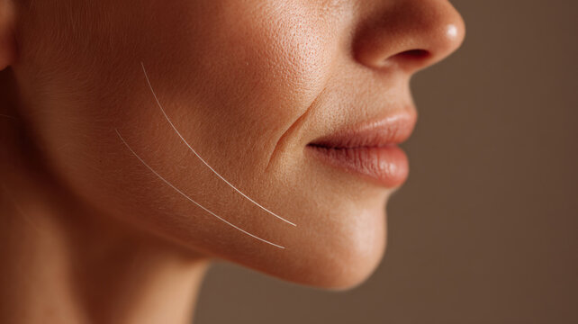Close-up stylized thread lifting sagging cheek skin, jawline