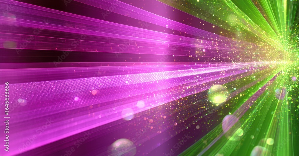 Poster bright abstract lines radiate, purple blends into vibrant green. sparkles add dynamic energy, creati