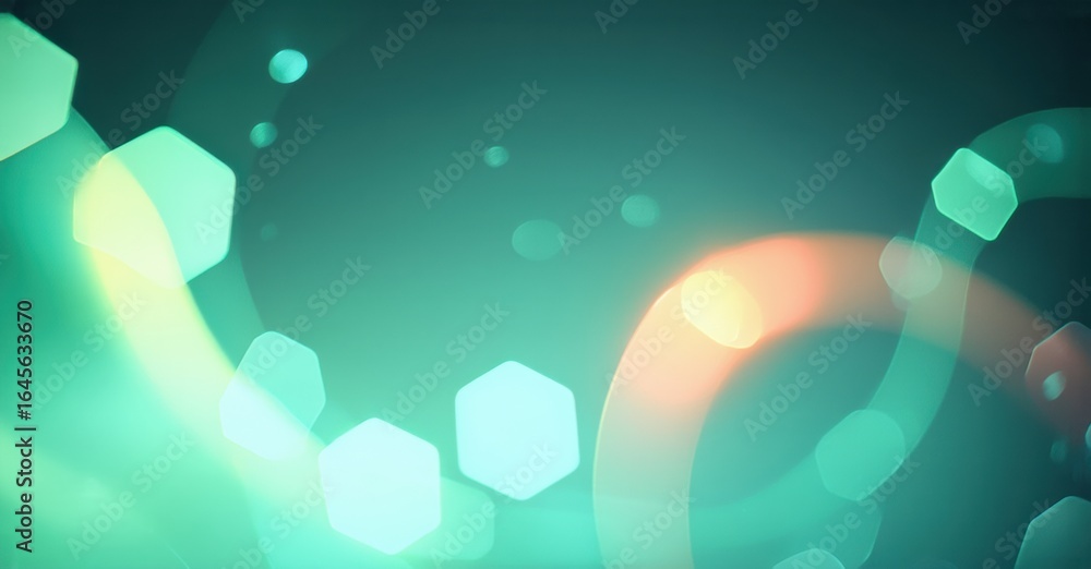 Poster abstract background features soft teal, turquoise hues. light flares create glowing hexagonal shapes