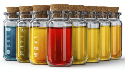 Colorful glass bottles with cork stoppers filled with various liquids in blue, yellow, and red shades, arranged in row on white background, creating vibrant and organized display