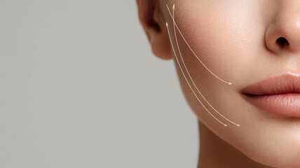 Close-up stylized thread lifting sagging cheek skin, minimal line-art with soft gradient