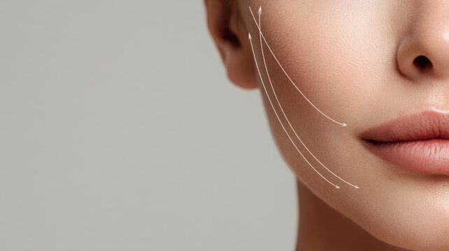 Close-up stylized thread lifting sagging cheek skin, minimal line-art with soft gradient