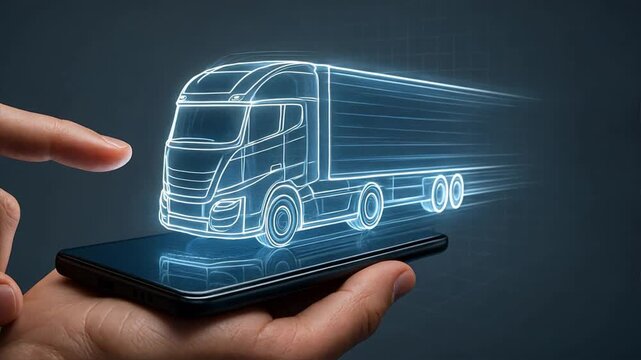Smartphone hologram of autonomous truck driving out of screen with motion blur, smart transportation systems, fast transport, local transport