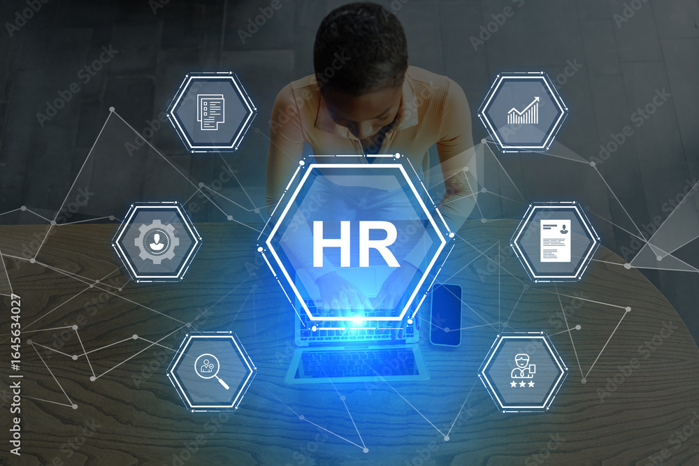 Poster human resources management in a modern office setting with technology integration and data analysis 