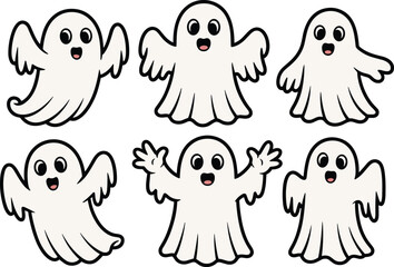Cute cartoon ghost set, happy Halloween spirits in various poses, black and white line style, perfect for kids’ design.