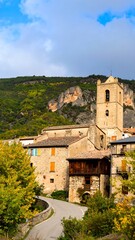 Winding road through a picturesque mountain village.