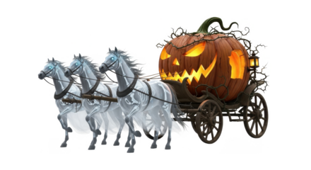 A spooky pumpkin carriage pulled by ghostly white horses.