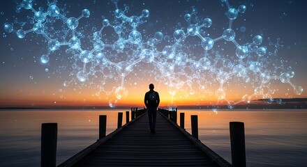 Man on dock at sunset with digital network overlay