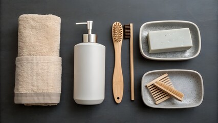 Naklejka premium flatlay of neutral colored bathroom accessories on table