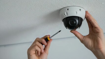 Technician Installing Dome Surveillance Camera on Office Ceiling - Powered by Adobe