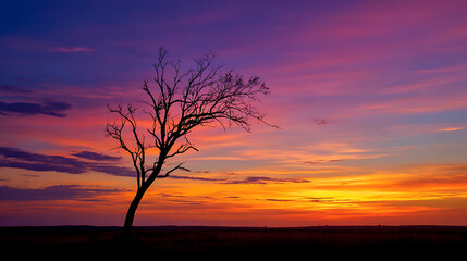 Obraz premium A lonely tree silhouetted against a colourful sunset, standing tall towards the horizon (1)