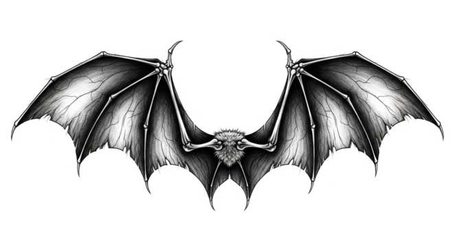 Detailed black and white illustration of large, skeletal bat wings.