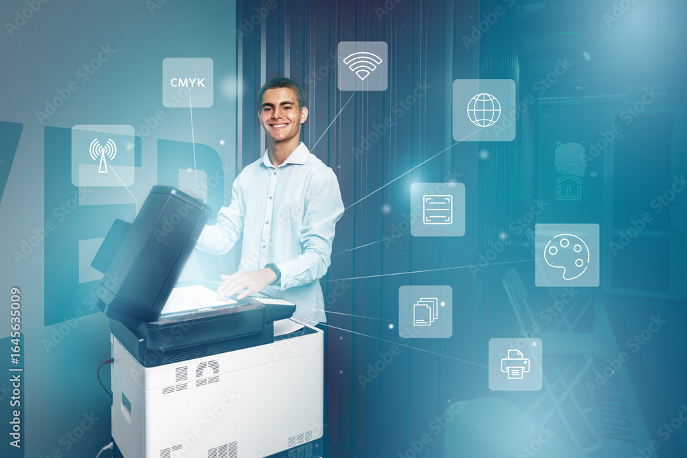 Poster professional man operating a printer in a modern office, showcasing technology and connectivity opti