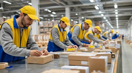 Warehouse team packing and labeling boxes for efficient logistics and global e-commerce order fulfillment video - Powered by Adobe