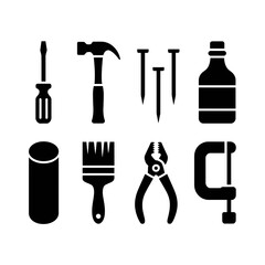 Obraz premium Collection of common tools and hardware items in silhouette isolated on white background