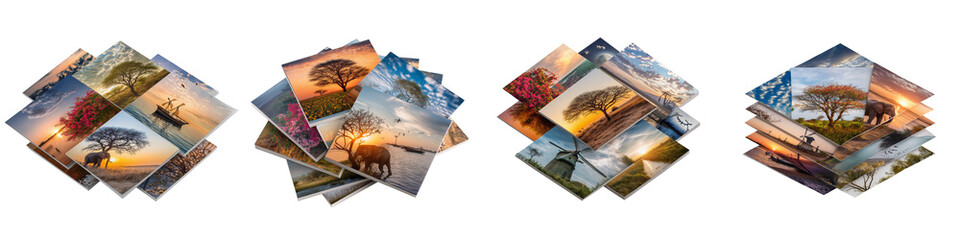 A set of stunning geometric photo collages in a travel art style, layered on a transparent background, featuring elephants, birds, boats, flowering trees, and golden sunlight over a calm river.

