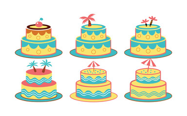 Collection of six colorful tiered cakes with tropical decorations isolated on white background