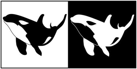 A minimalist black and white icon of an orca, or killer whale, in a dynamic pose. Ideal for wildlife, nature, or marine conservation themes.