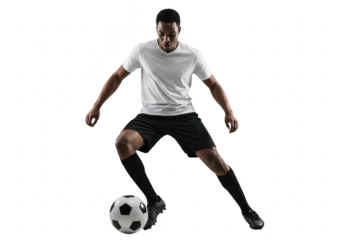 Soccer player kicking ball, isolated on transparent background