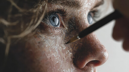 Close up of person with blue eye and textured skin being painted with brush, showing artistic detail and creative expression in digital art style