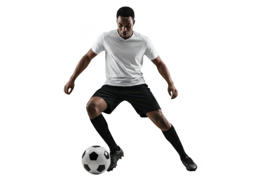 Soccer player kicking ball, isolated on transparent background