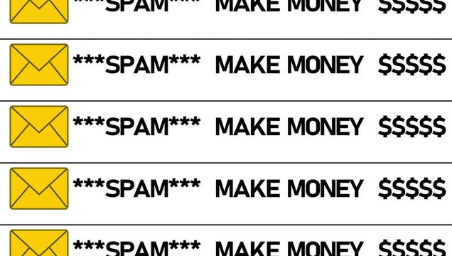 Spam Email notifications. Computer generated 3d render. Spam Email notifications scrolling on a screen side view 4K Animation, seamless loop mail. Junk or fraud email red sign notification