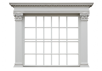 Classic architectural window frame with columns, isolated on transparent background