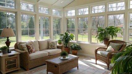 Bright sunroom with cozy armchairs, large glass windows letting in daylight, and lush indoor plants in ceramic pots on wooden floor. Concept of peaceful home relaxation atmosphere