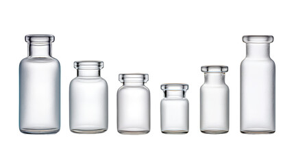 Collection of empty glass vials of various sizes isolated on transparent background