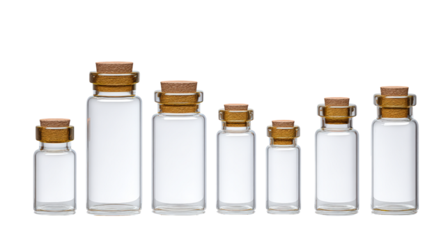 Set of small glass bottles with cork stoppers isolated on transparent background