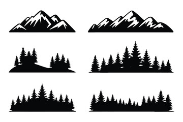 Black silhouette mountain peaks and forest clusters