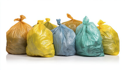 Garbage bags in various colors filled with waste, tied and arranged in row on white background, showing different plastic textures and fullness levels
