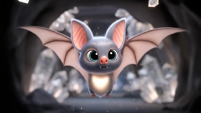Adorable cartoon bat emerges from dark cave, glowing softly.