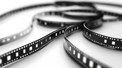 35mm black film strips arranged in curves and loops on white surface, with sprocket holes and frames, for retro design and film-related scenarios