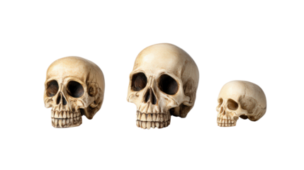 Three human skulls of varying sizes isolated on transparent background
