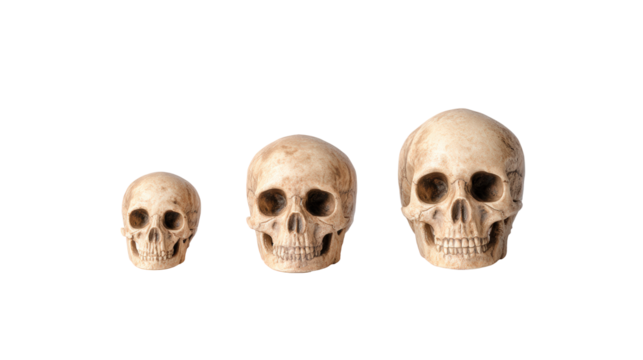 Three human skulls of varying sizes isolated on transparent background