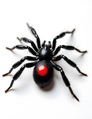 Obraz premium Black widow spider with red hourglass marking on white background