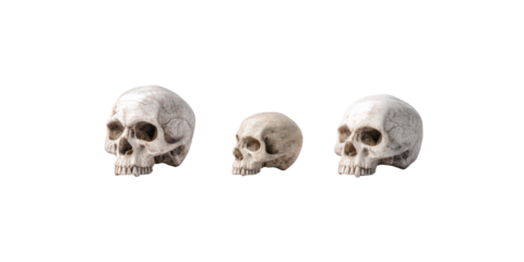 Three human skulls isolated on transparent background